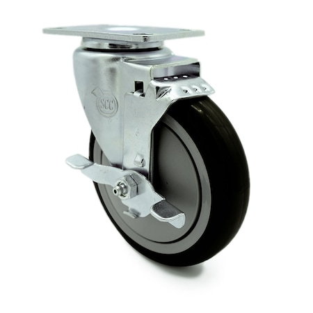 Service Caster 5 Inch Black Polyurethane Wheel Swivel Top Plate Caster with Brake SCC-20S514-PPUB-BLK-TLB-TP2